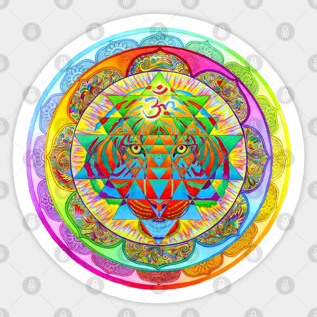 Inner Strength Psychedelic Tiger Sri Yantra Mandala Sticker by rebeccawangart